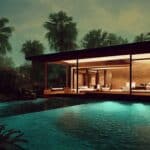 Luxury pool villa spectacular contemporary design digital art real estate , home, house and property, Generative AI illustration.